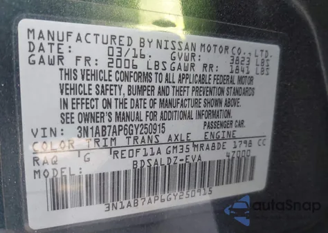 2016 Nissan Sentra Sv from USA, damaged, VIN 3N1AB7AP6GY250915